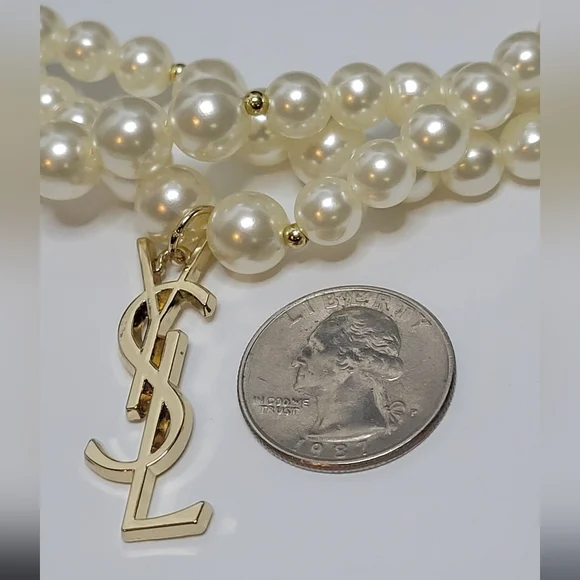 Vintage Faux Pearl Necklace, Gold YSL Zipper Pull - Picture 2 of 5